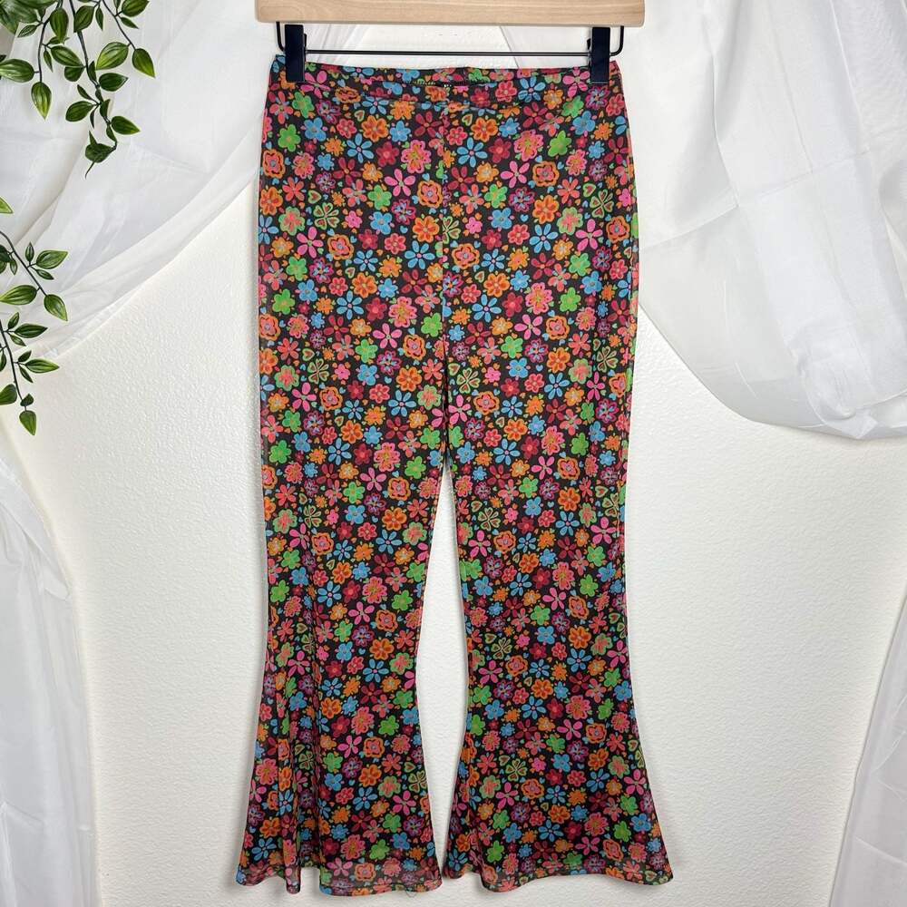 Nasty Gal Collection Floral Groovy Hippie 70s Mesh Flare High Rise Pants